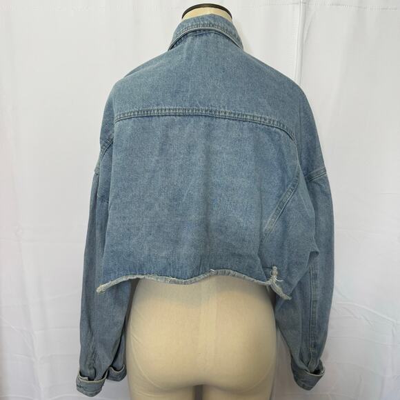 JW Signature Los Angeles Cropped Denim Jacket 3XL Oversized Raw Hem Jean Coat - Picture 3 of 7